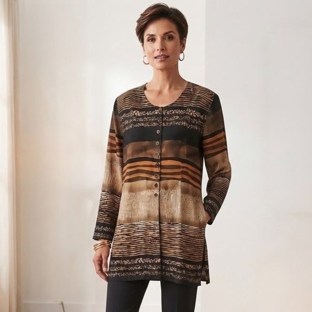 VTG 80s Button Up Top Blouse Womens 2X Brown Striped Long Sleeve Abstract Art